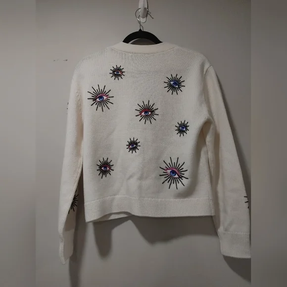 Alice + Olivia White Cardigan with Multicolor Embroidery BRADLEY SHORT EMBELLISH - Picture 11 of 11